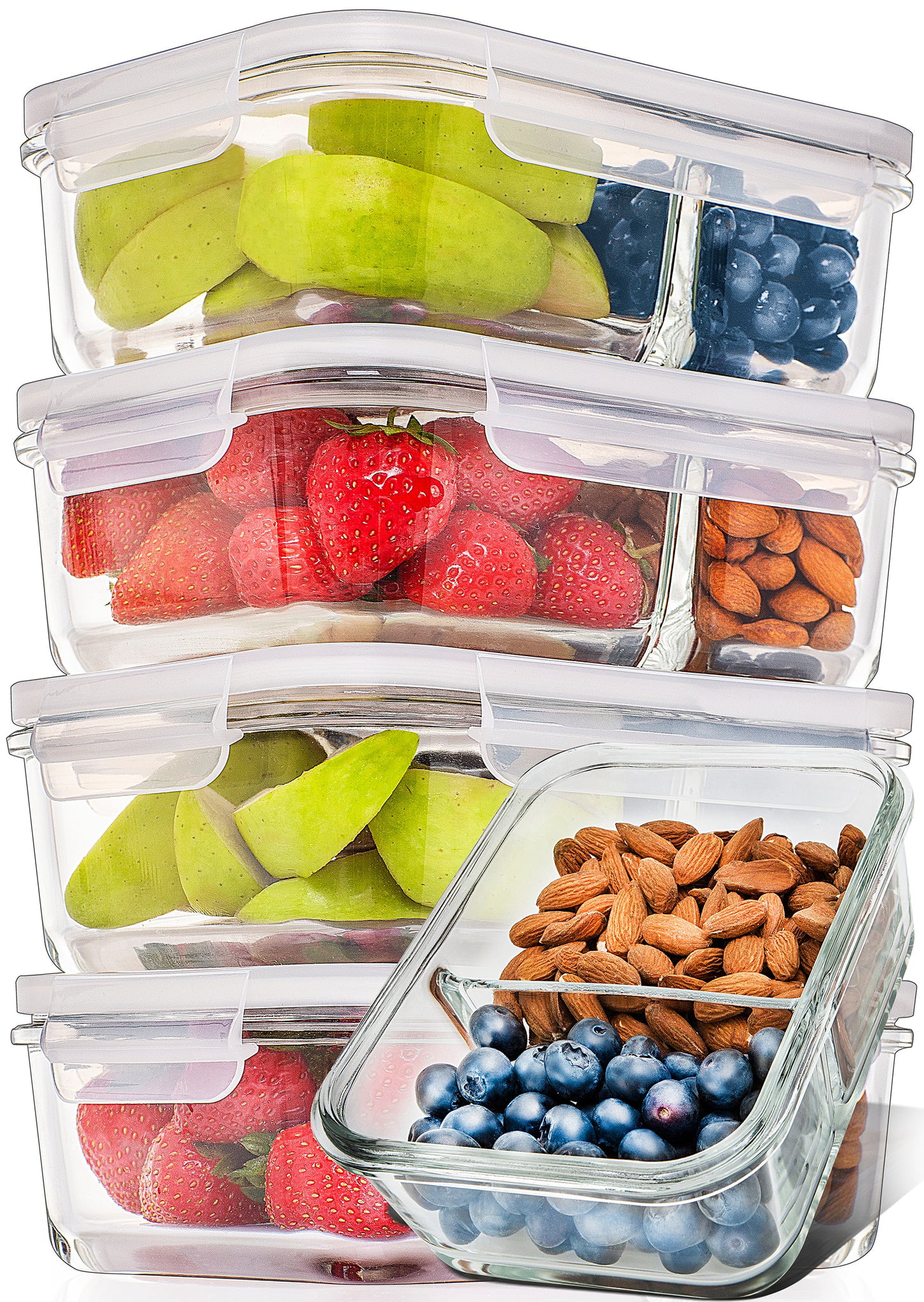 Glass Meal Prep Containers with lids - 10 Piece 2 Compartment