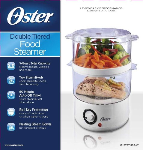 Oster Double Tiered Food Steamer, 5 Quart, White (CKSTSTMD5-W-015